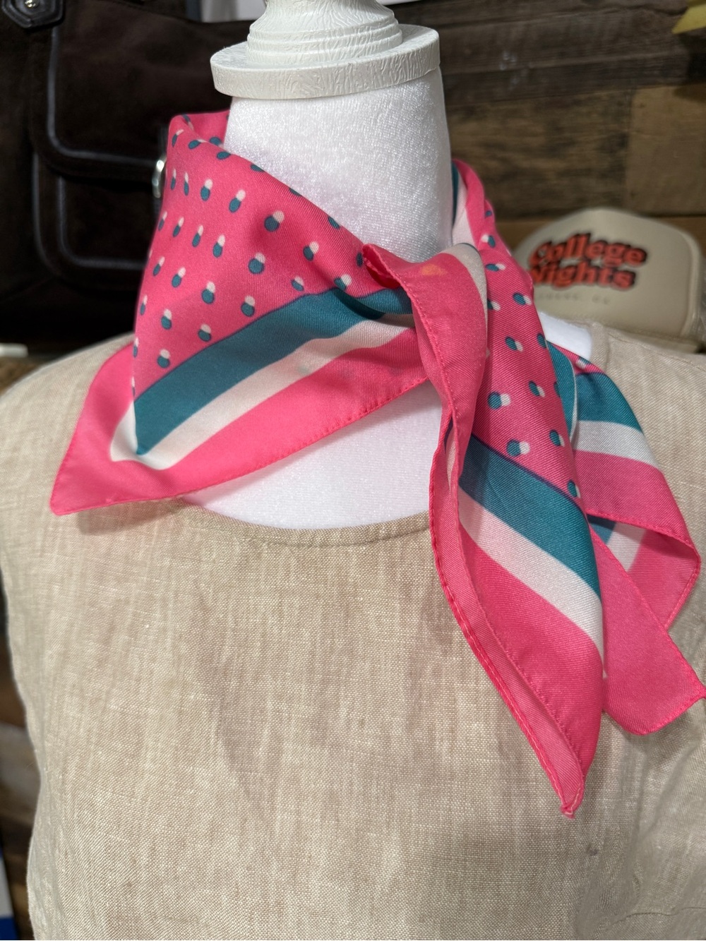 Polka Dot & Stripe Pink Silk Neck Scarf